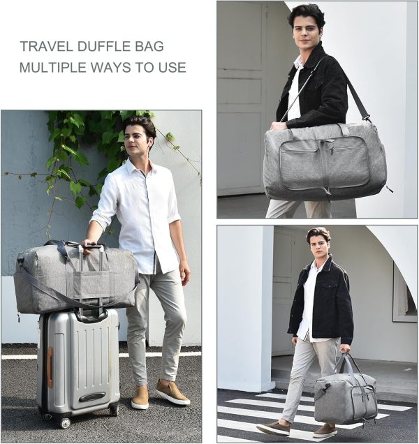 65L Travel Duffle Bag for Men Women - Foldable Duffel Bag with Shoes Compartment - Overnight Bags Waterproof & Tear Resistant(Gray)